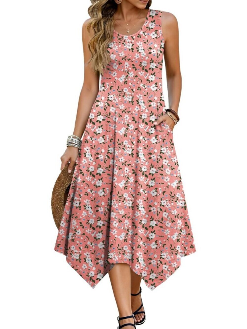 Hotouch Women's Floral Pink Stylish Sleeveless Sundress Hankerchief Beach Dress
